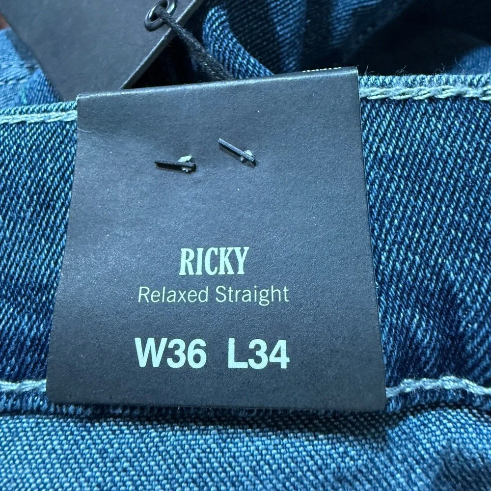 True Religion Jeans Mens 36x34 Blue Ricky Relaxed Straight Flap‎ Faded Whiskers